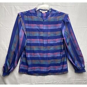 Vintage 80s Michelle Stuart Purple Plaid  Balloon Sleeve Pleated Blouse Shirt M